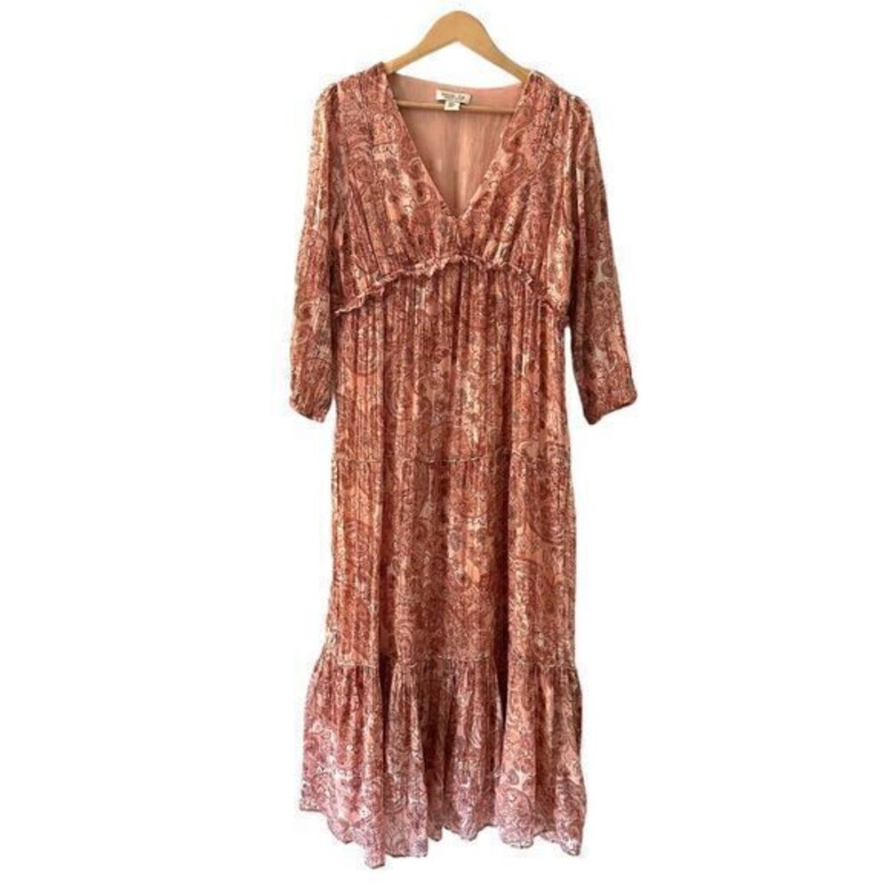 Rachel Zoe Pink Floral Boho 3/4 Sleeve Cotton V-Neck Maxi Ruffles Dress Size M